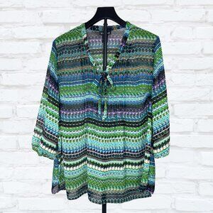 Lane Bryant 18/20 Tie-Neck Semi-Sheer Blouse 3/4 Sleeve Blue Green Purple